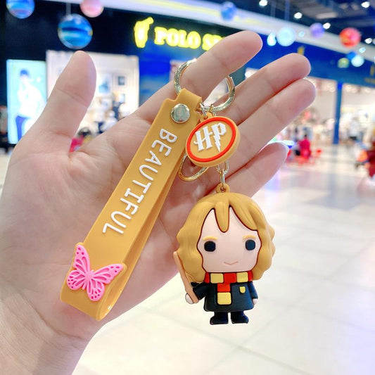 Hermione Rubber Keychain with Mustard Strap – 3D Figure, Gold Ring + Clasp