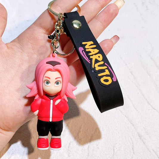 Naruto Sakura Rubber Keychain with Black Strap – 3D Figure, Gold Ring + Clasp