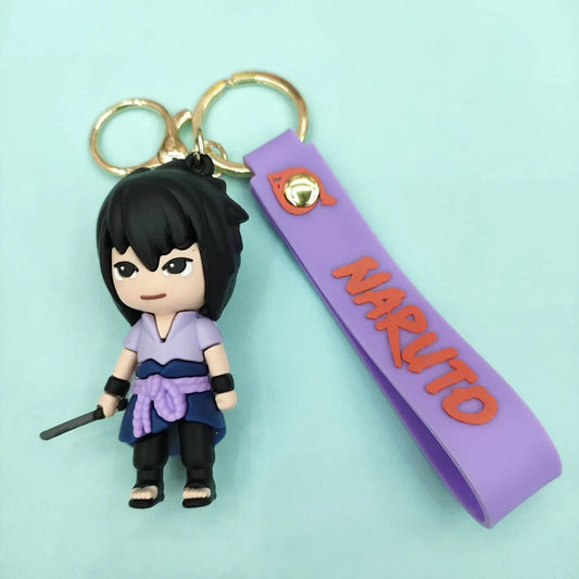 Sasuke Rubber Keychain with Lavender Strap – 3D Figure, Gold Ring + Clasp