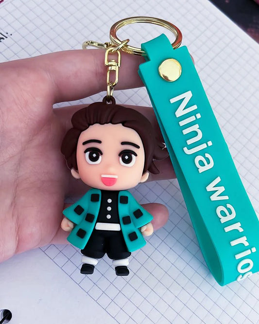 Tanjiro Rubber Keychain with Teal Strap – 3D Figure, Gold Ring + Clasp