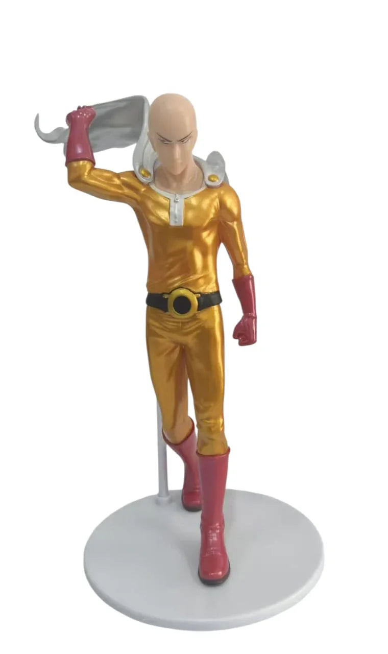 One Punch Man Saitama anime action figure in yellow suit with red gloves and boots on stand