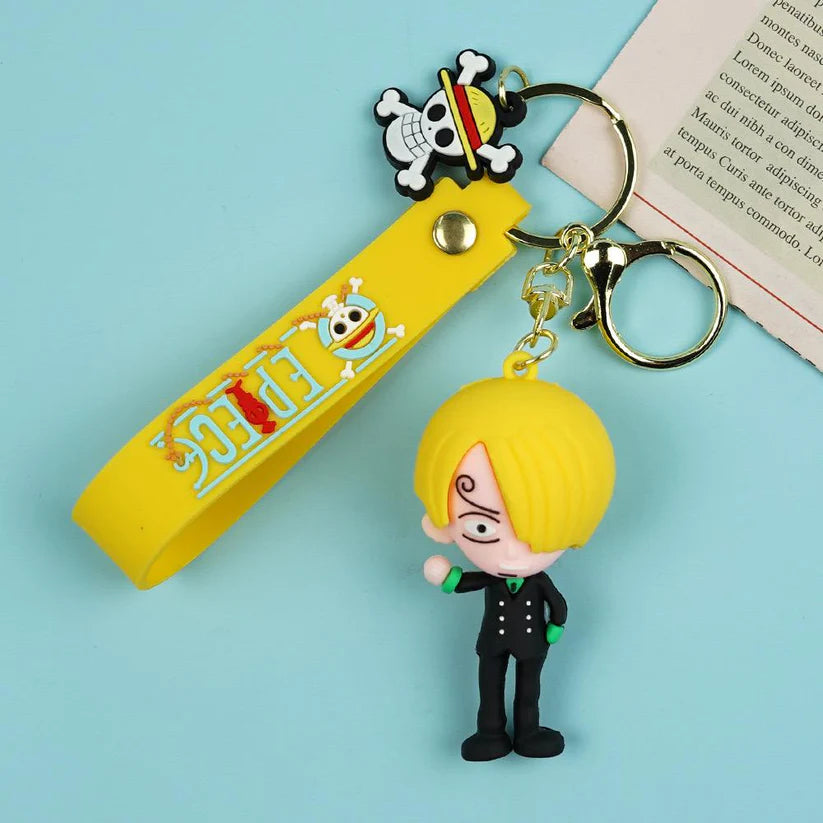 One Piece Sanji Rubber Keychain – Yellow Strap, Skull Charm, Gold Ring + Clasp