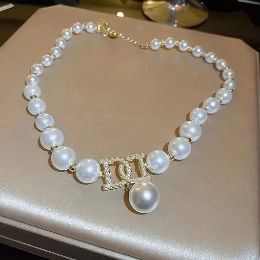 Luxury Pearl Short Necklace – Designer Crystal Charm Statement Jewelry