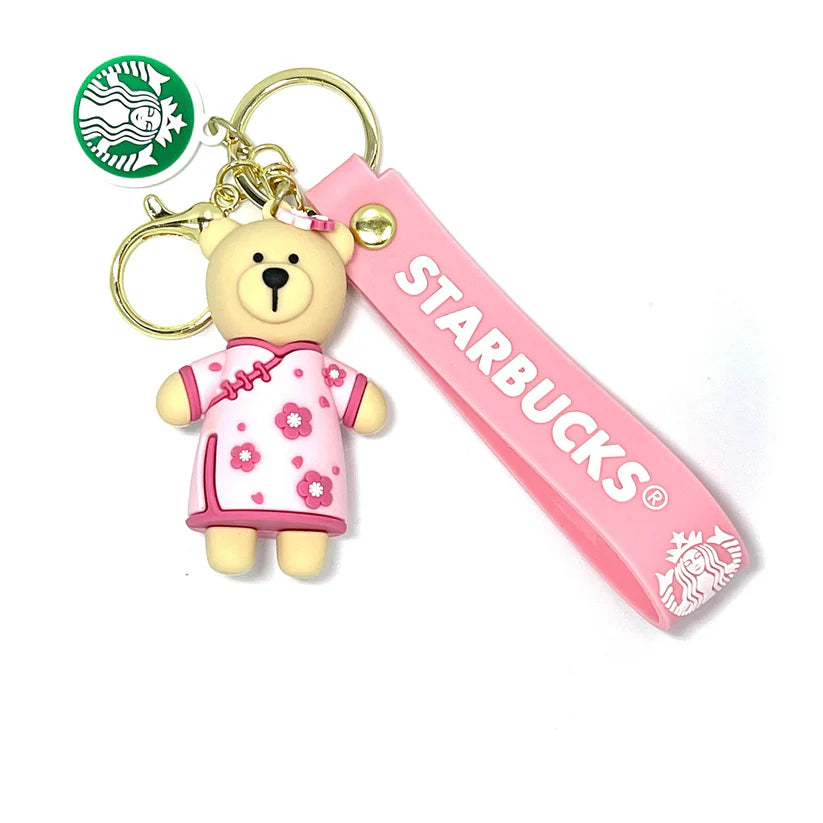 Pink Starbucks Teddy Standing Rubber Keychain – Floral Dress Strap