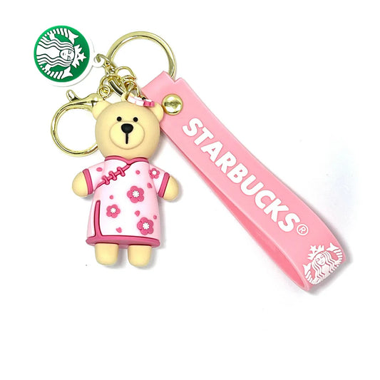 Pink Starbucks Teddy Standing Rubber Keychain – Floral Dress Strap