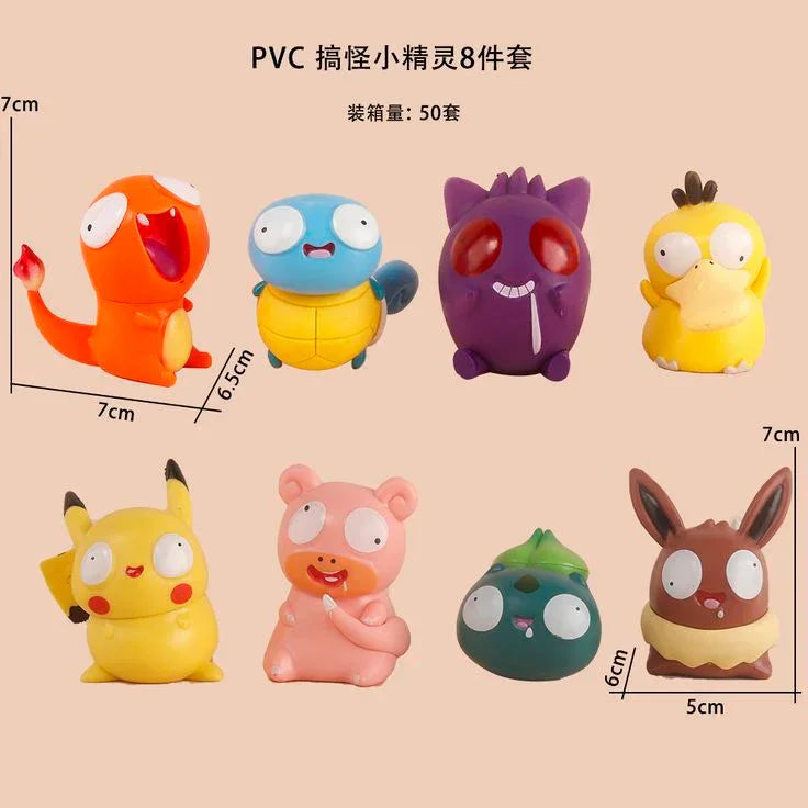 Set of 8 colorful cartoon Pokemon PVC figures with exaggerated eyes on a peach background