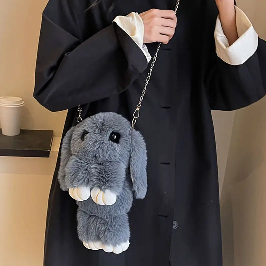 Cute Plush Rabbit Fur Sling Bag – Grey Bunny Crossbody Bag