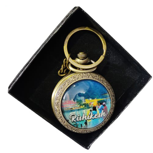 Rishikesh Vintage Pocket Watch Keychain – Ganga Ghat & Bridge Souvenir