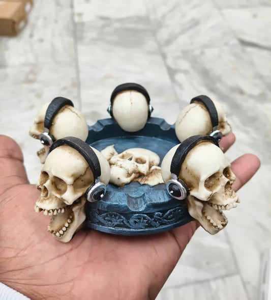 Rock Smoke DJ Skulls Ashtray – 5 Headphone Skeletons Round Dish