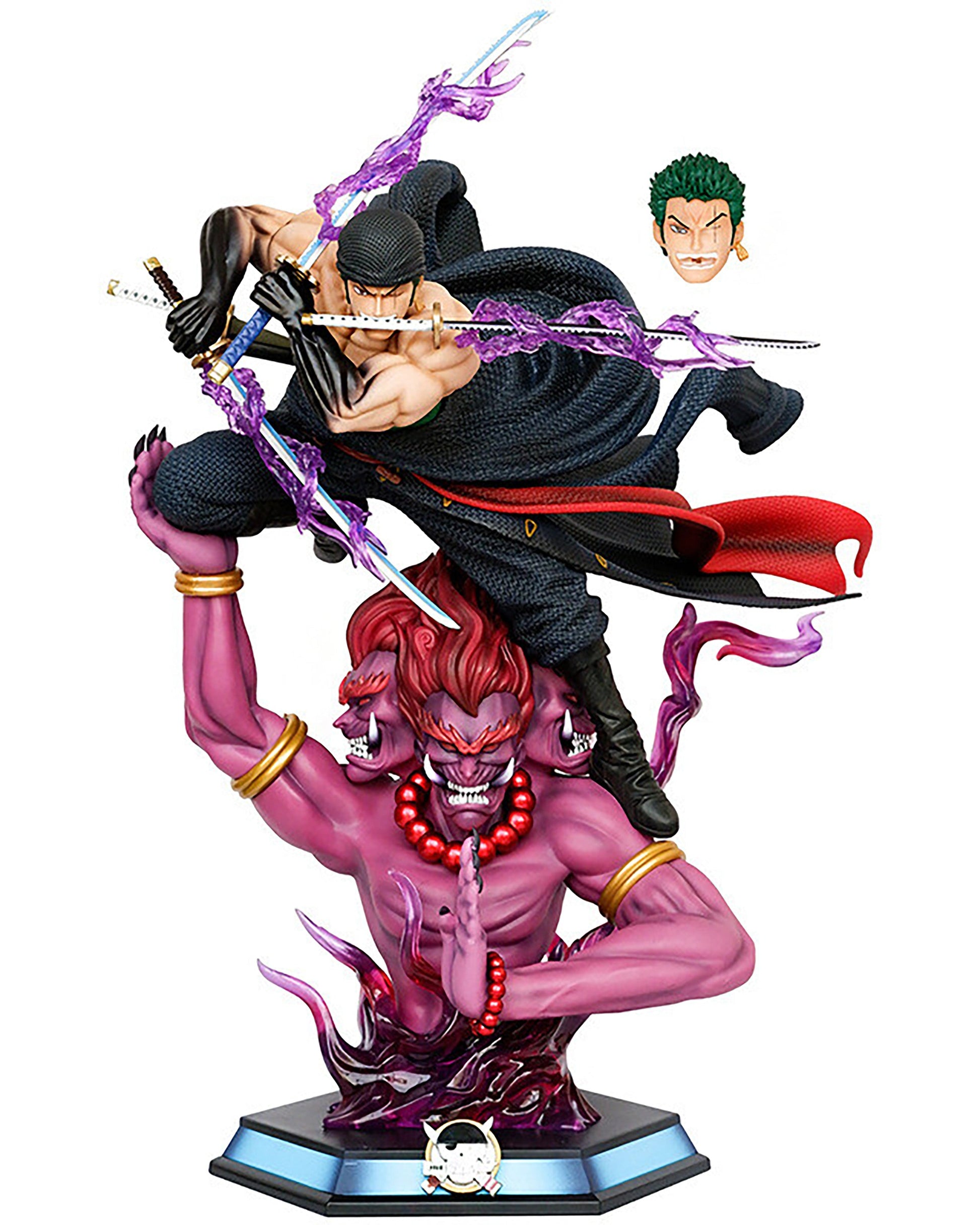 Action figure with two characters, one in black and red outfit and the other in pink and red, on a white background.