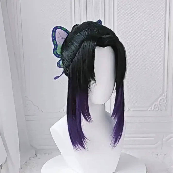 Shinobu Kocho-inspired black cosplay wig with purple gradient ends, layered front strands and butterfly hair accessory.