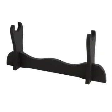 Single layer wooden katana stand in black with curved base on white background