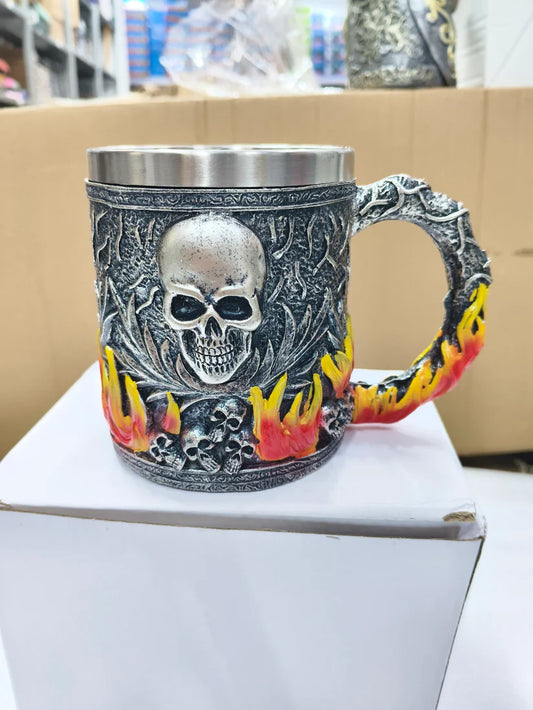 Flaming Skull Steel Mug – A5032 Gothic Fire Handle Cup