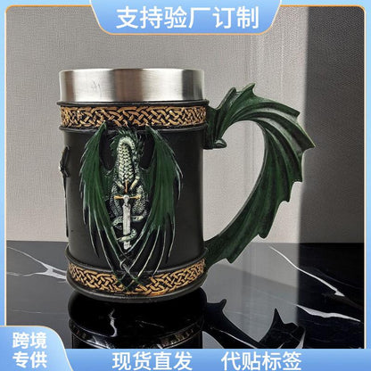 Dragon Crest Steel Mug – B211 Emerald Wing Handle Cup