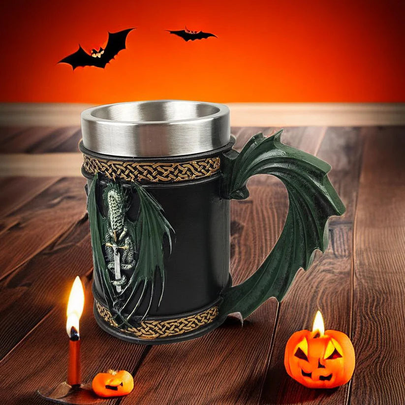 Dragon Crest Steel Mug – B211 Emerald Wing Handle Cup