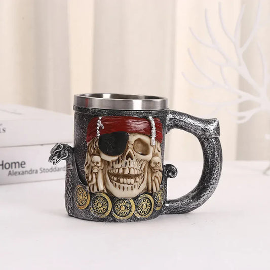 Pirate Skull Steel Mug – Captain’s Ship Wheel Tankard