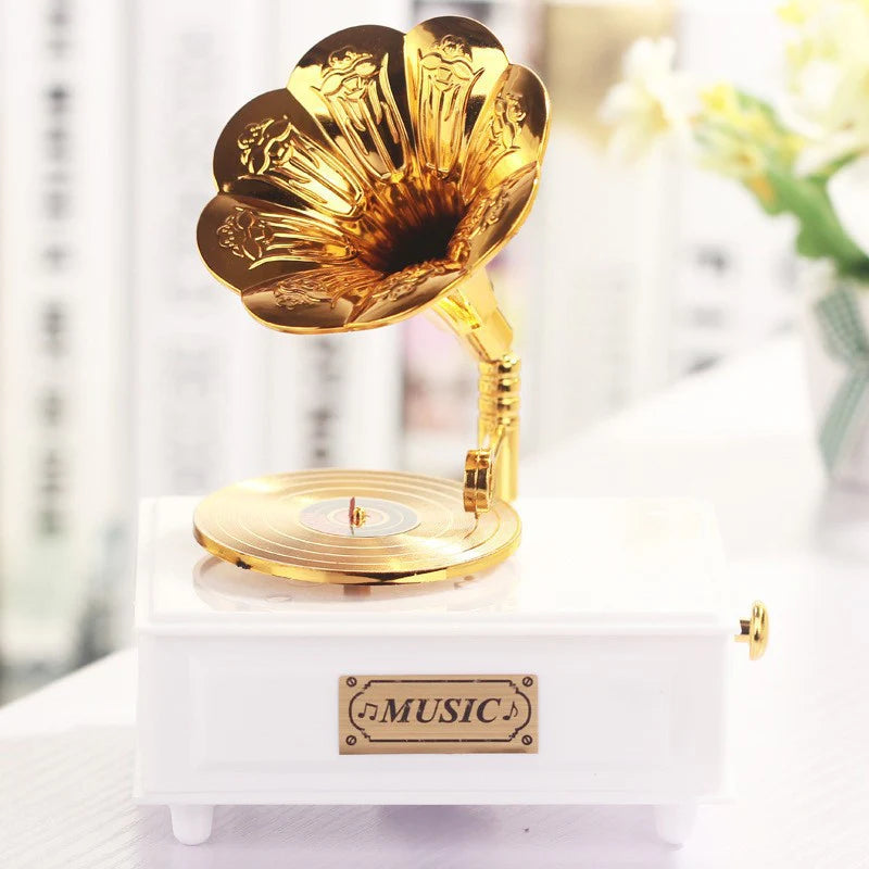 Small Shine Gramophone Music Box – Vintage Golden Decorative Gift
