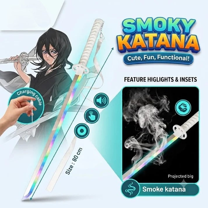 RGB Smoky Katana with Colour-Changing LED Light, Smoke Mist Effect & White Sheath – 80 cm
