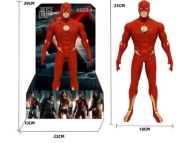 Red superhero action figure with dimensions and Justice League branding