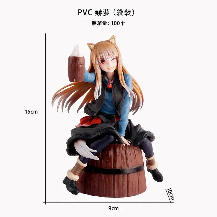 Spice Wolf Holo PVC figure sitting on a barrel, holding a mug, dimensions marked in cm