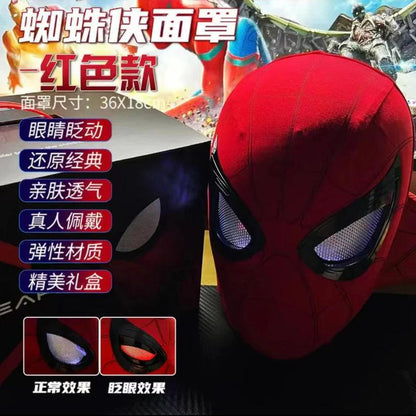 Red Spider-Man mask with animated eye control, display box, and colorful packaging