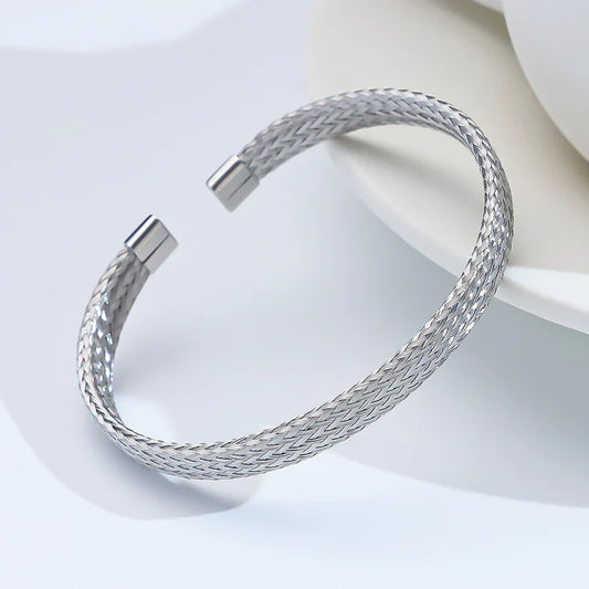 Silver Stainless Steel Braided Cuff Bracelet – Minimalist Open Bangle