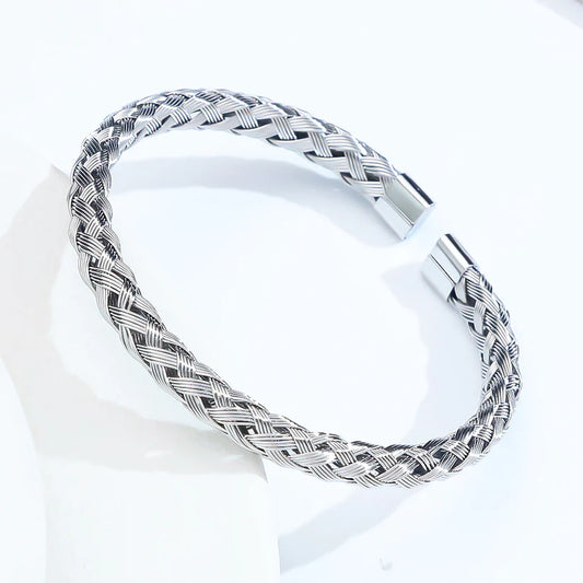 Silver Stainless Steel Heavy Braided Bracelet – Premium Open Cuff Bangle