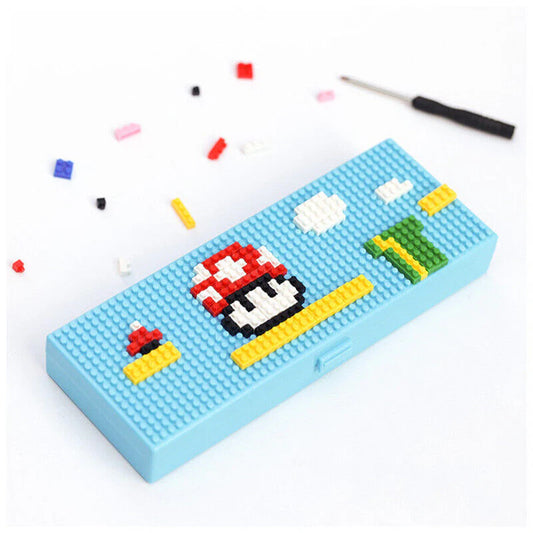 Super Mario DIY Mosaic Pencil Box – Blue Building Brick Stationery Case