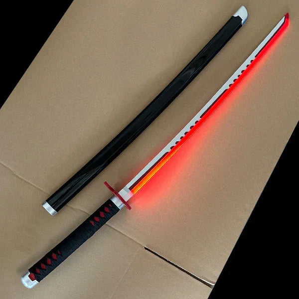 Demon Slayer Tanjiro Fire  ** LED** Anime Bamboo Wooden Katana – Silver Cosplay Collectible Prop