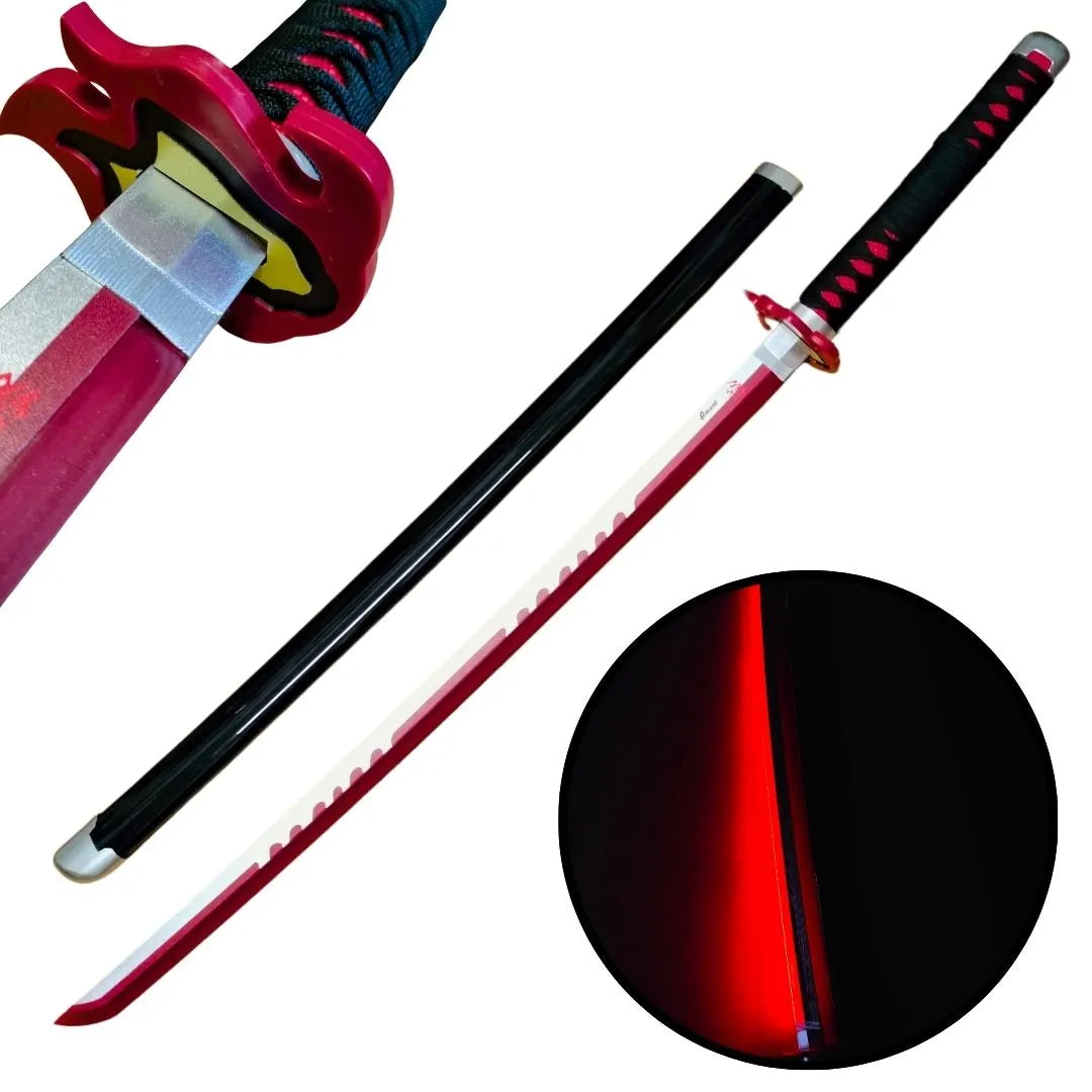 Demon Slayer Tanjiro Fire  ** LED** Anime Bamboo Wooden Katana – Silver Cosplay Collectible Prop