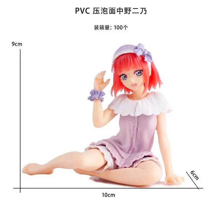 Nino Nakano anime PVC figure in lavender pajamas, sitting pose, 9cm tall with size dimensions shown