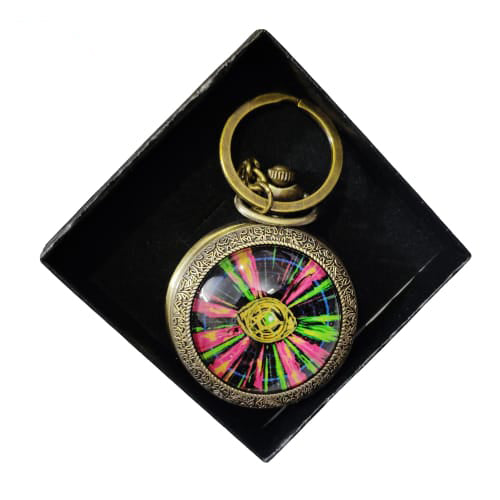 Time Portal Vintage Pocket Watch Keychain – Neon Mystic Disc Design