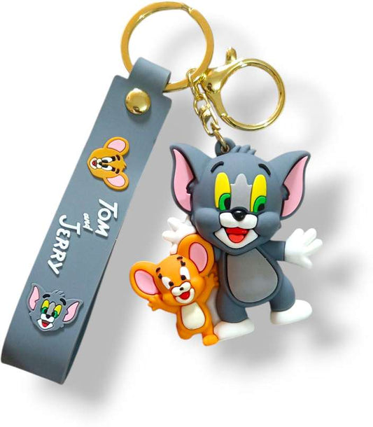 Tom & Jerry Friends Rubber Keychain – Grey Strap, Gold Ring + Clasp
