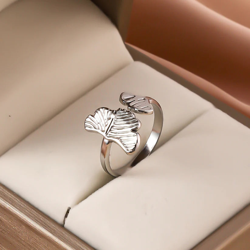 Silver Two Leaf Adjustable Ring – Elegant Botanical Open Jewelry