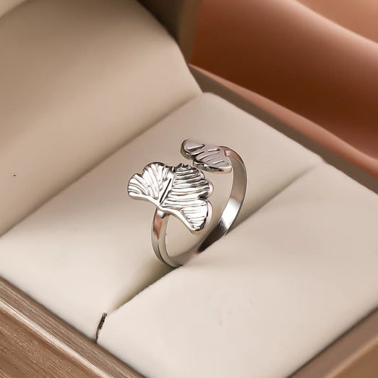 Silver Two Leaf Adjustable Ring – Elegant Botanical Open Jewelry