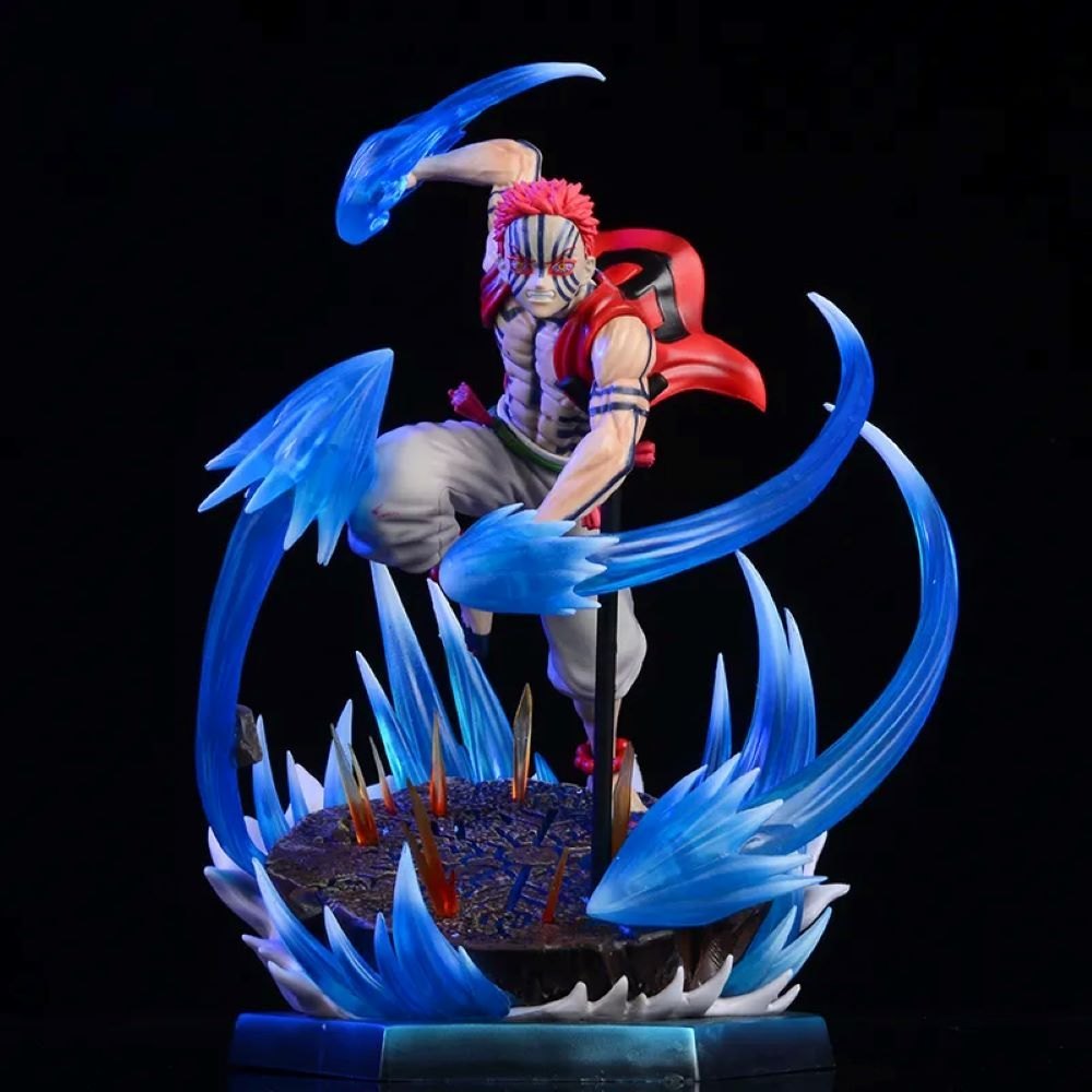 Statue of a character with red hair and blue energy effects on a dark background