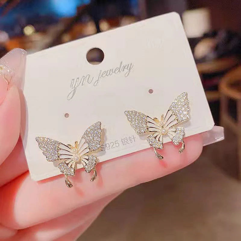 White Butterfly Stud Earrings with Pearl & Crystal Detailing