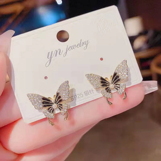 White Butterfly Stud Earrings with Pearl & Crystal Detailing