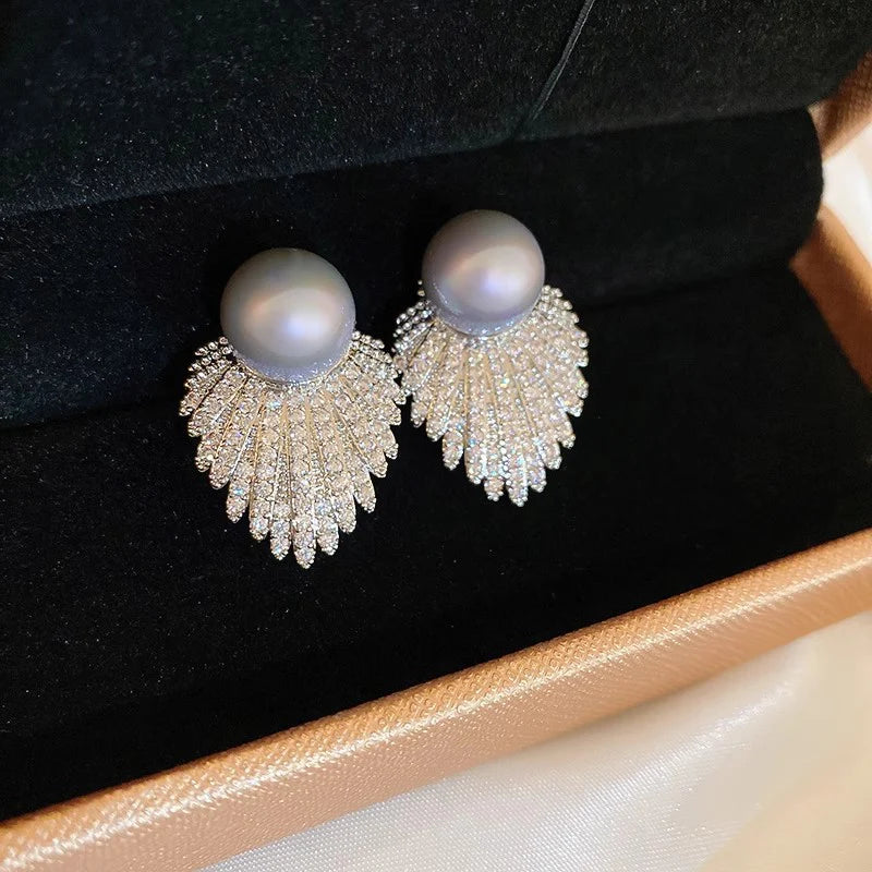 Pearl Crystal Fan Drop Earrings – Luxury Party Wear