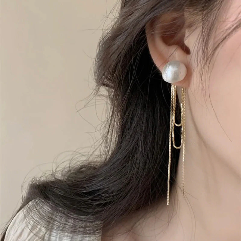 Cotton Pearl Long Tassel Earrings – Elegant Chain Drop Style