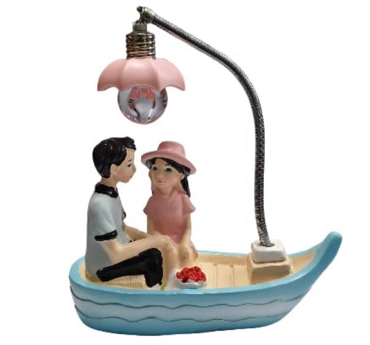 Romantic Couple Boat Scene Lamp – Resin Showpiece with Pink Flower Shade