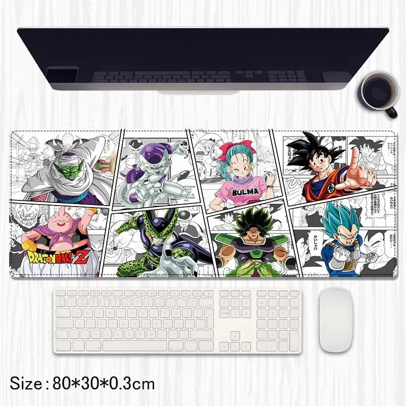 Dragon Ball Z desk mat with colorful character panels, anime style, on white desk