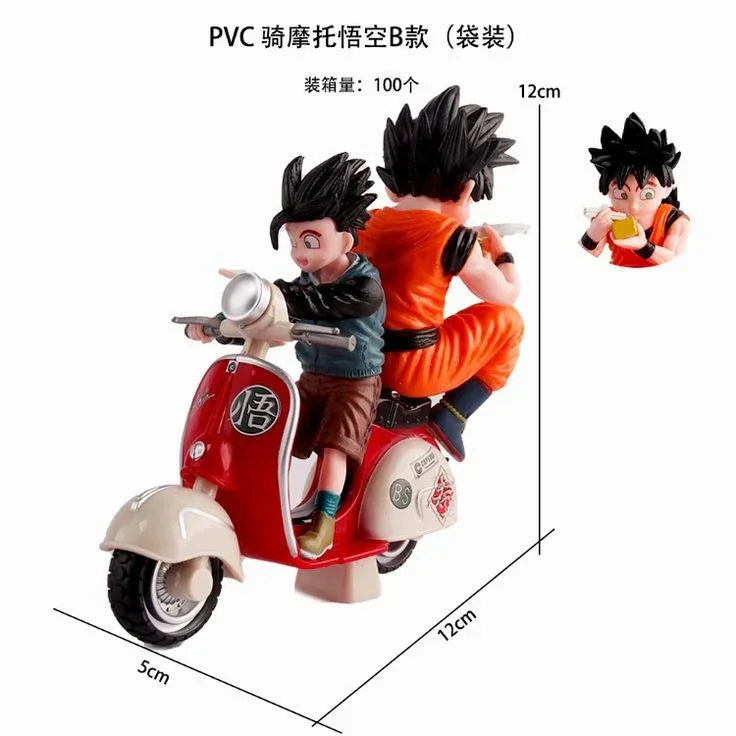 Dragon Ball Z Goku and Gohan black hair PVC figure riding red scooter with size dimensions displayed