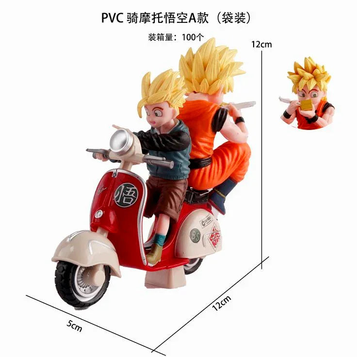 Dragon Ball Z Goku and Gohan yellow-haired PVC figures riding a red scooter with measurements