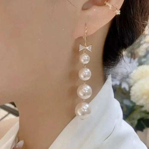 Bow Pearl Long Tassel Earrings – Elegant Drop Earrings for Women