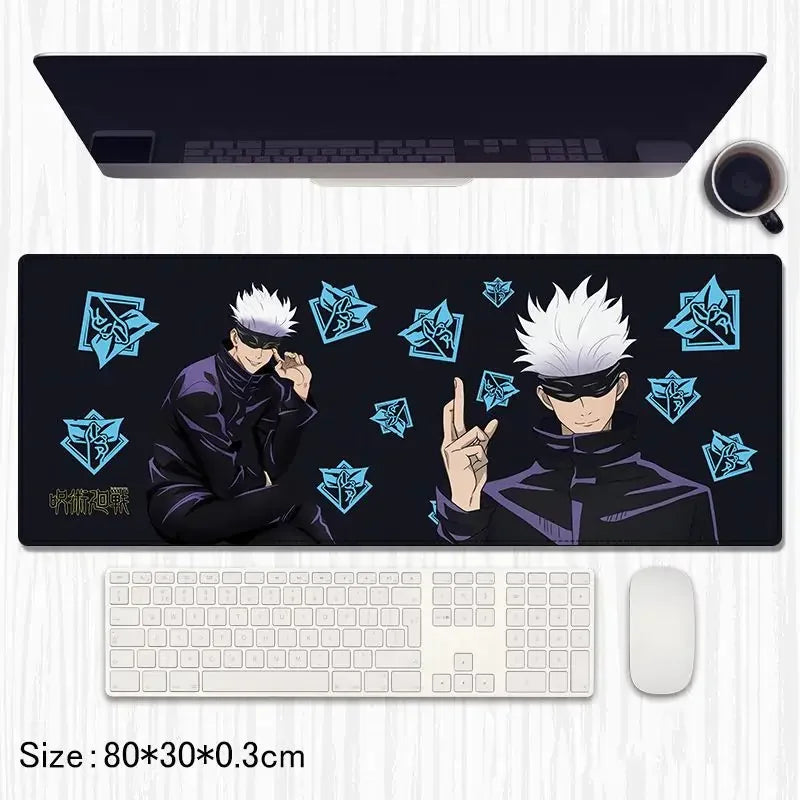 Gojo desk mat featuring anime character with white hair and black eye mask, blue symbols, computer setup