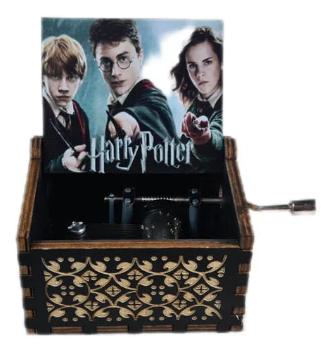 Harry Potter Trio Wand Attack Music Box - Black Engraved Wooden Crank Collectible