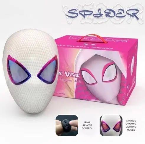Spider-Gwen-inspired white mask with moving eye flicker LED effects and ring remote control.