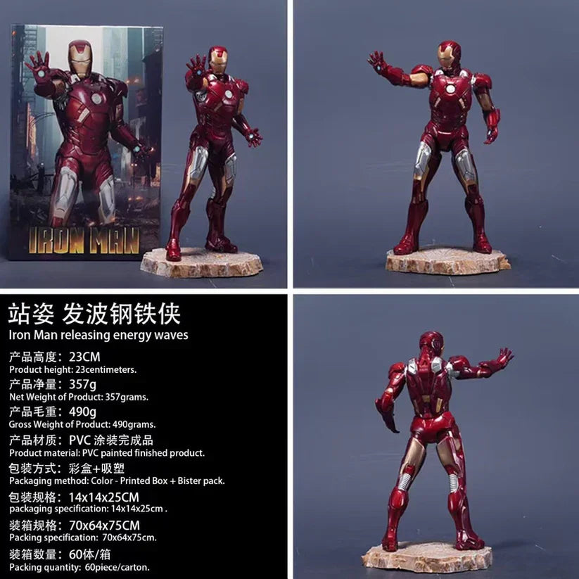 Iron Man action figure in red and gold armor posed on a stand with product details shown.