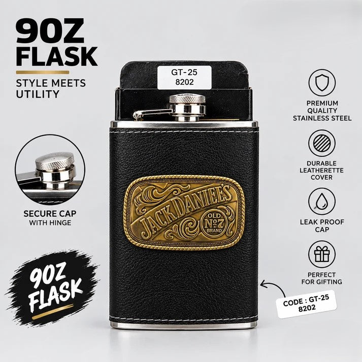 Jack Daniel’s Style 9oz Black Leatherette Hip Flask with Gold Embossed Design